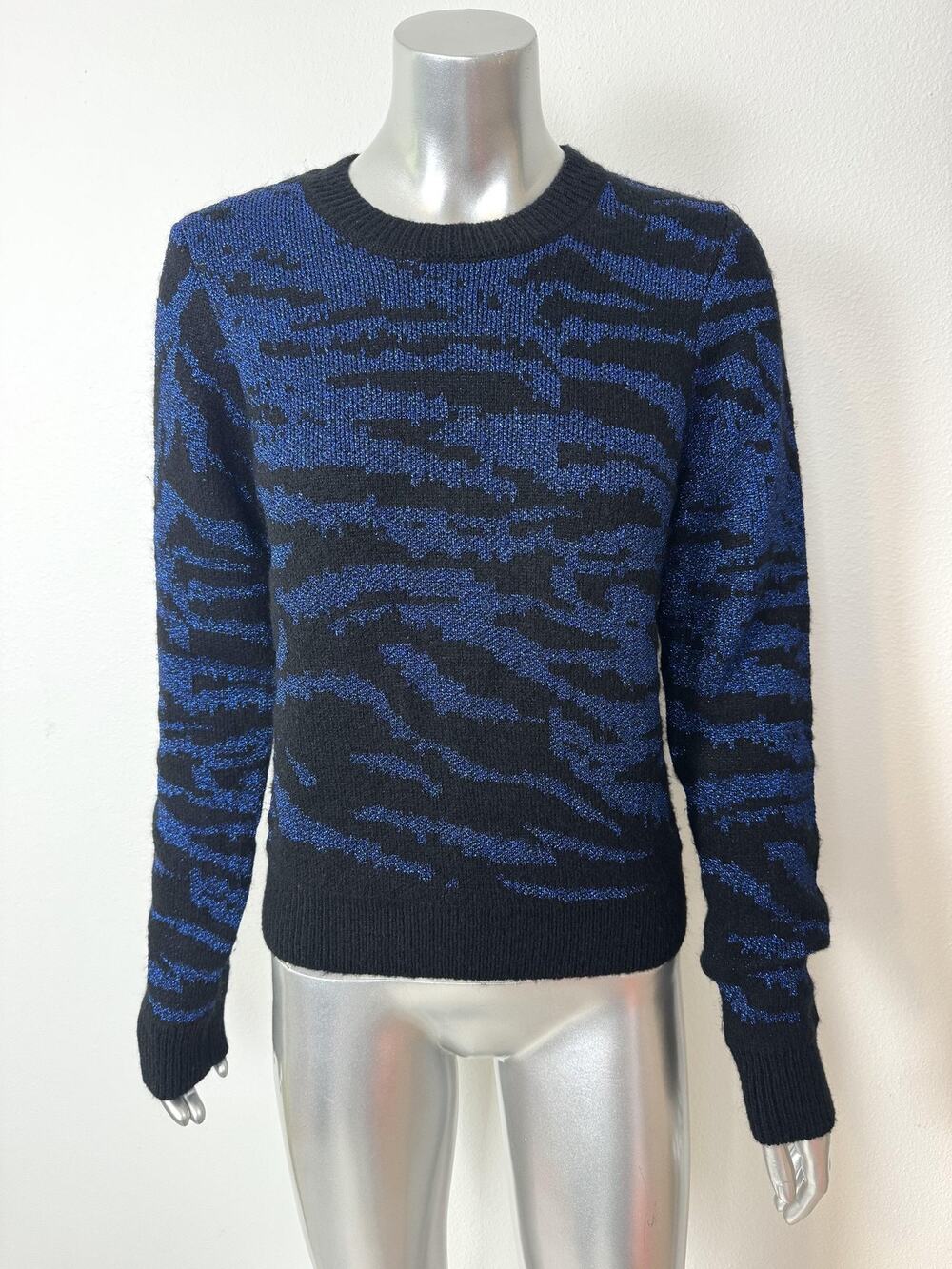 PAM & GELA Sweater Womens Small Black Blue Metallic Animal Print Crewneck
